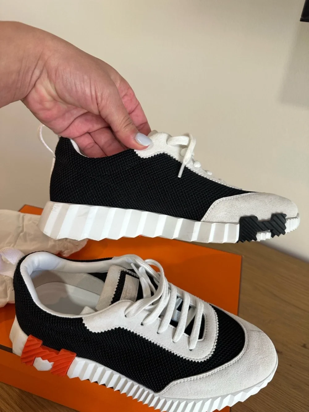 Authentic Hermes Bouncing Sneaker Black, White & Orange Platform - Picture 4 of 15